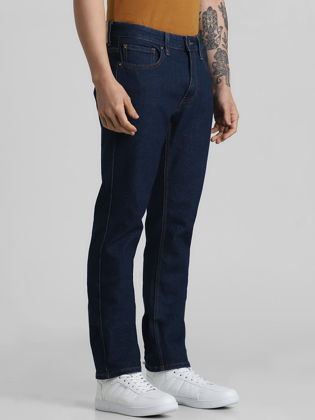 Men's Dark Blue Regular Fit Straight Leg Stretch Jeans