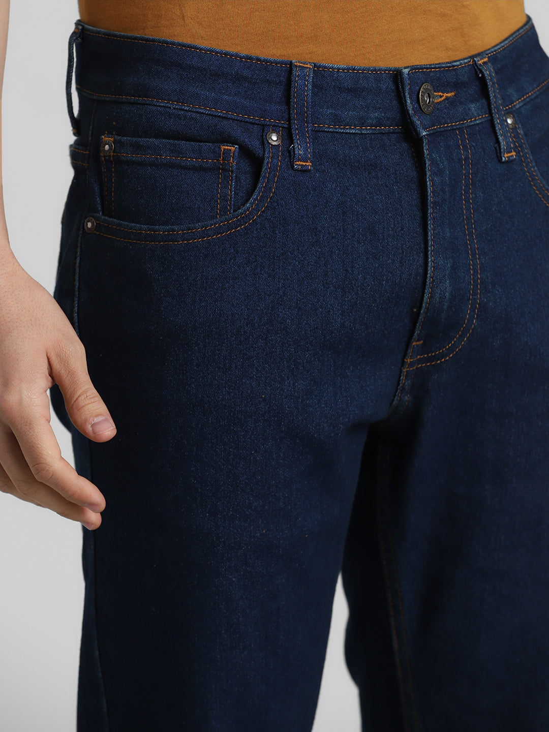 Men's Dark Blue Regular Fit Straight Leg Stretch Jeans