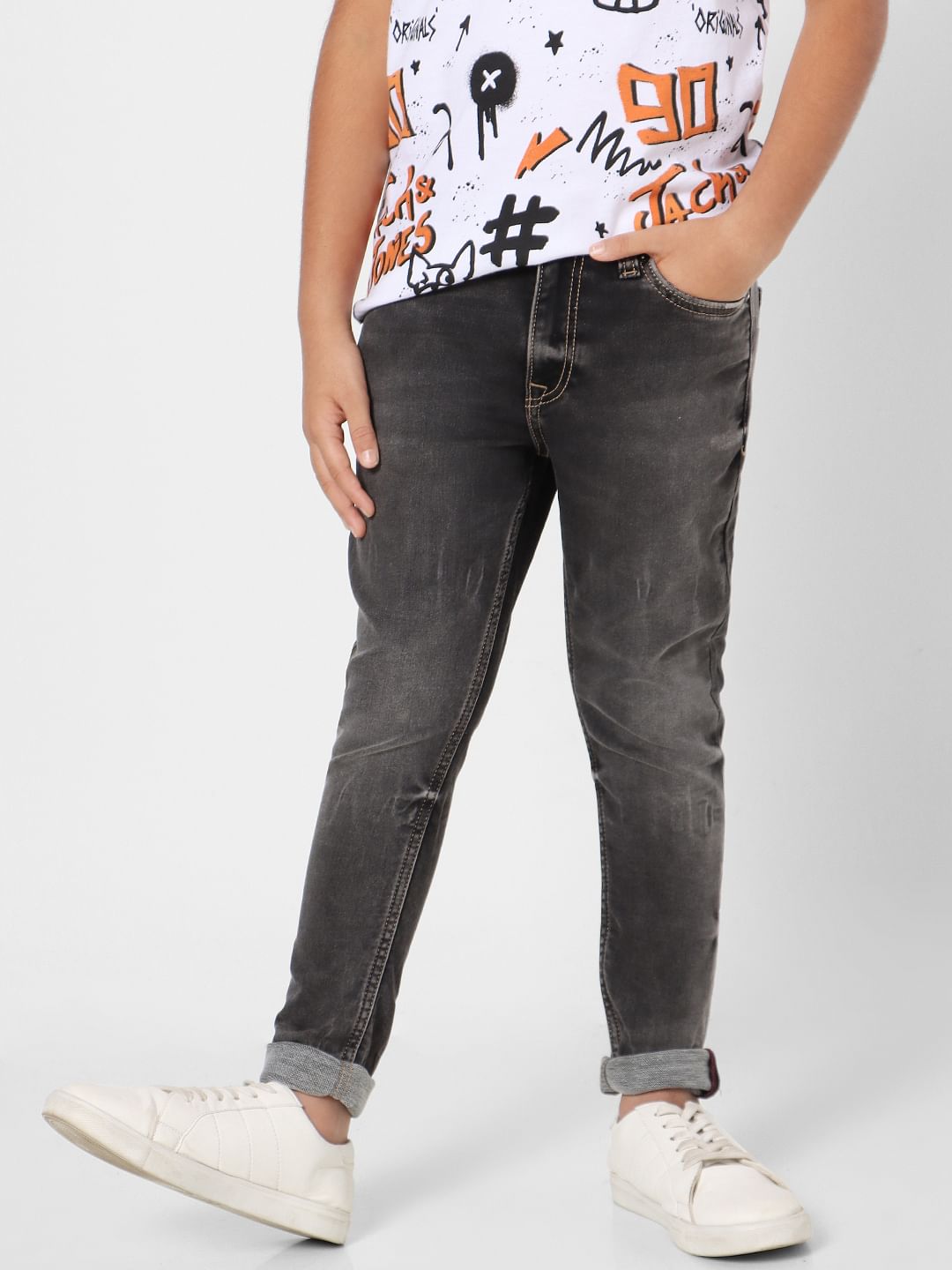 Boys Grey Mid Rise Glenn Slim Fit Jeans