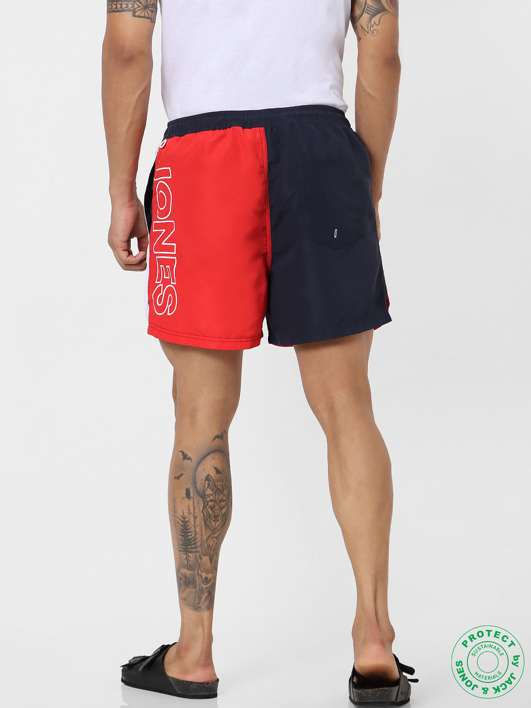 Blue Mid Rise Colourblocked Logo Print Swimshorts