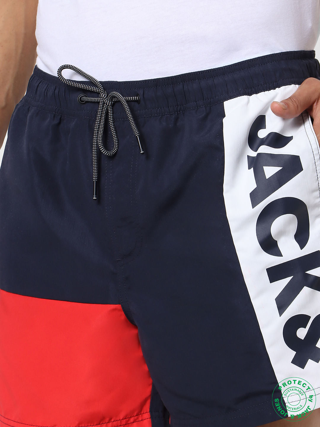 Blue Mid Rise Colourblocked Logo Print Swimshorts