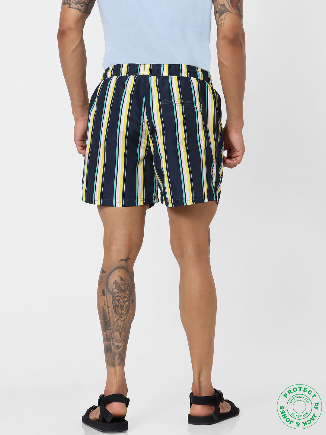 Navy Blue Mid Rise Striped Swimshorts