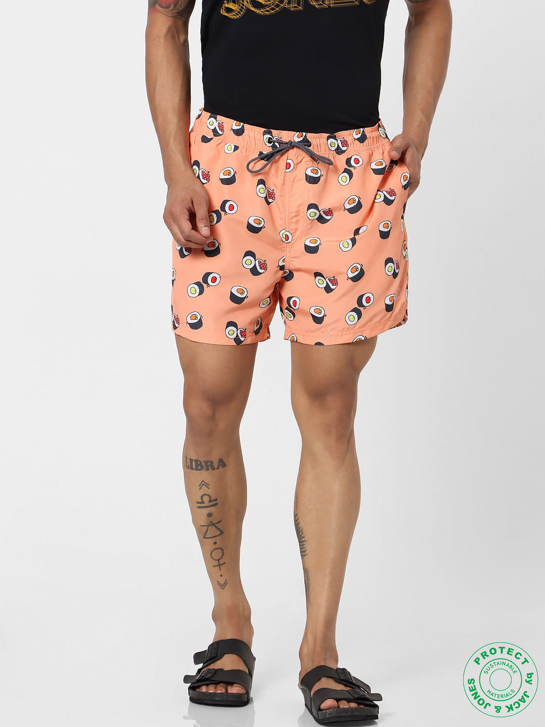 Peach Mid Rise All Over Print Swimshorts