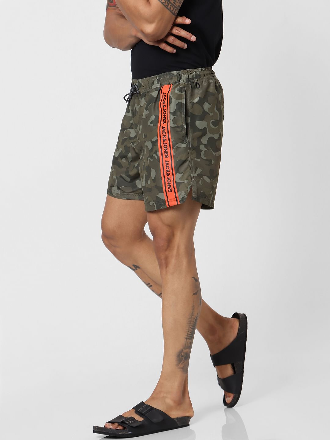 Green Mid Rise Camo Tape Detail Swimshorts
