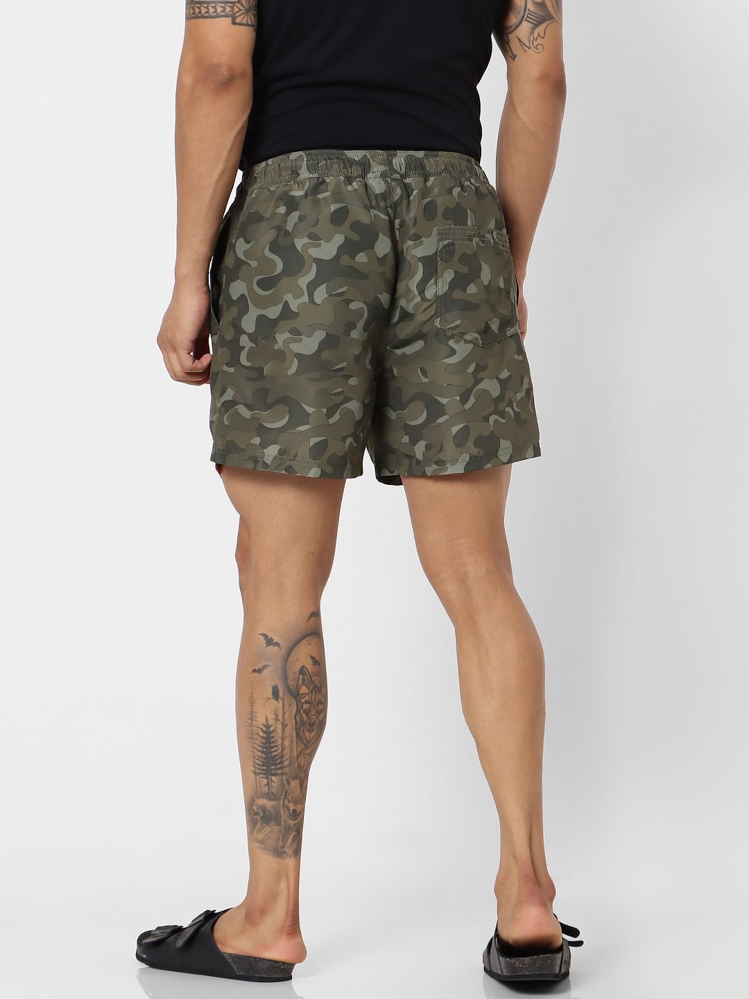 Green Mid Rise Camo Tape Detail Swimshorts