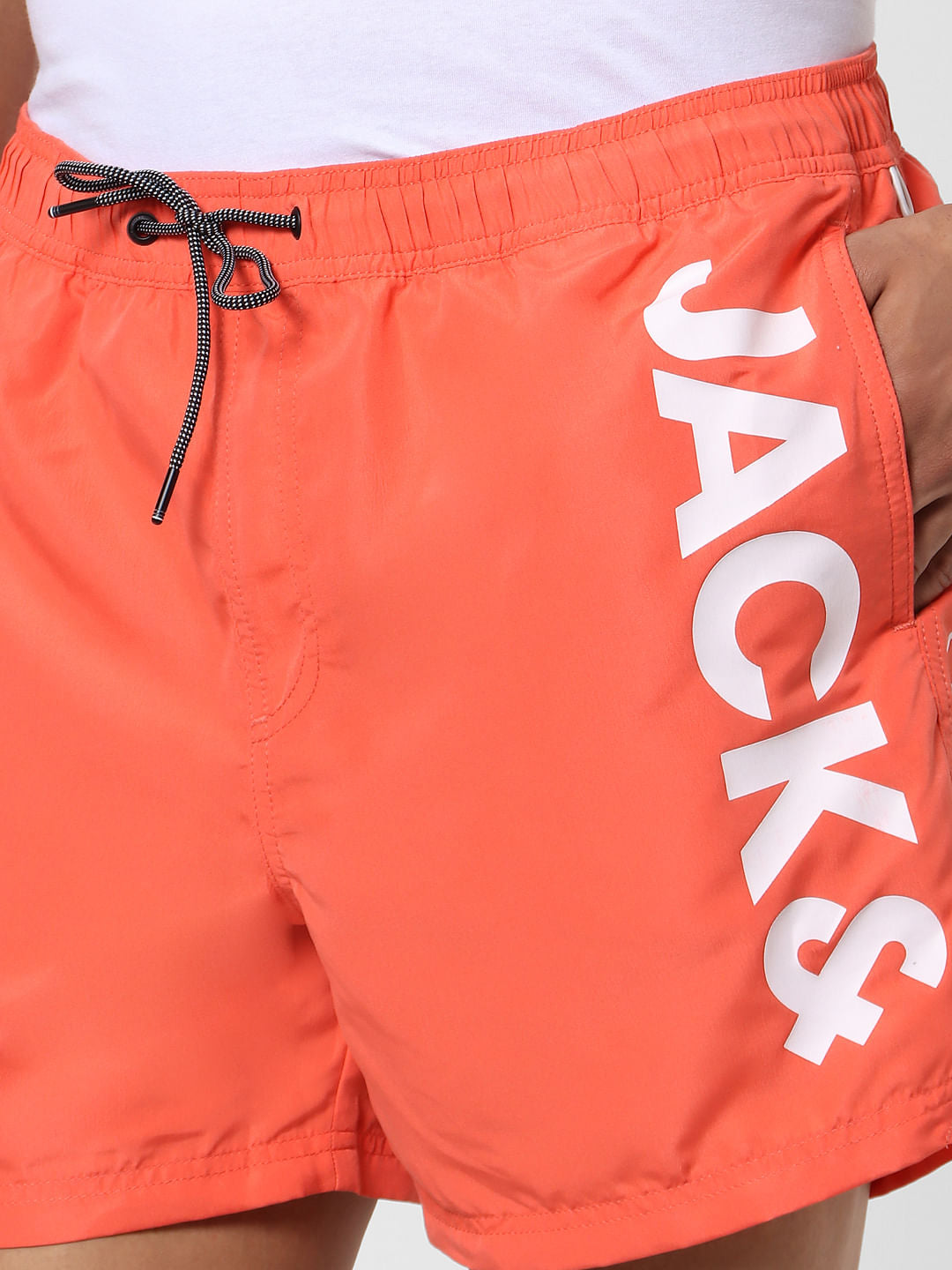 Coral Mid Rise Logo Print Drawstring Swimshorts