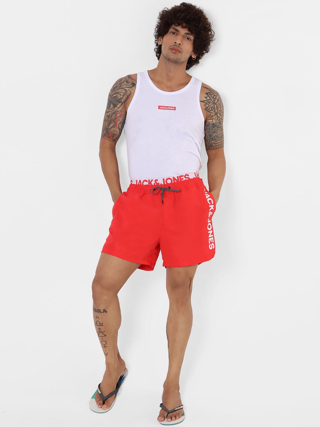 Red Mid Rise Logo Print Drawstring Swimshorts