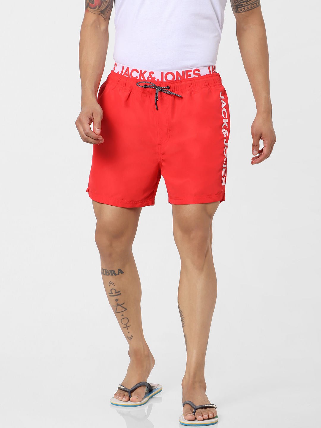 Red Mid Rise Logo Print Drawstring Swimshorts