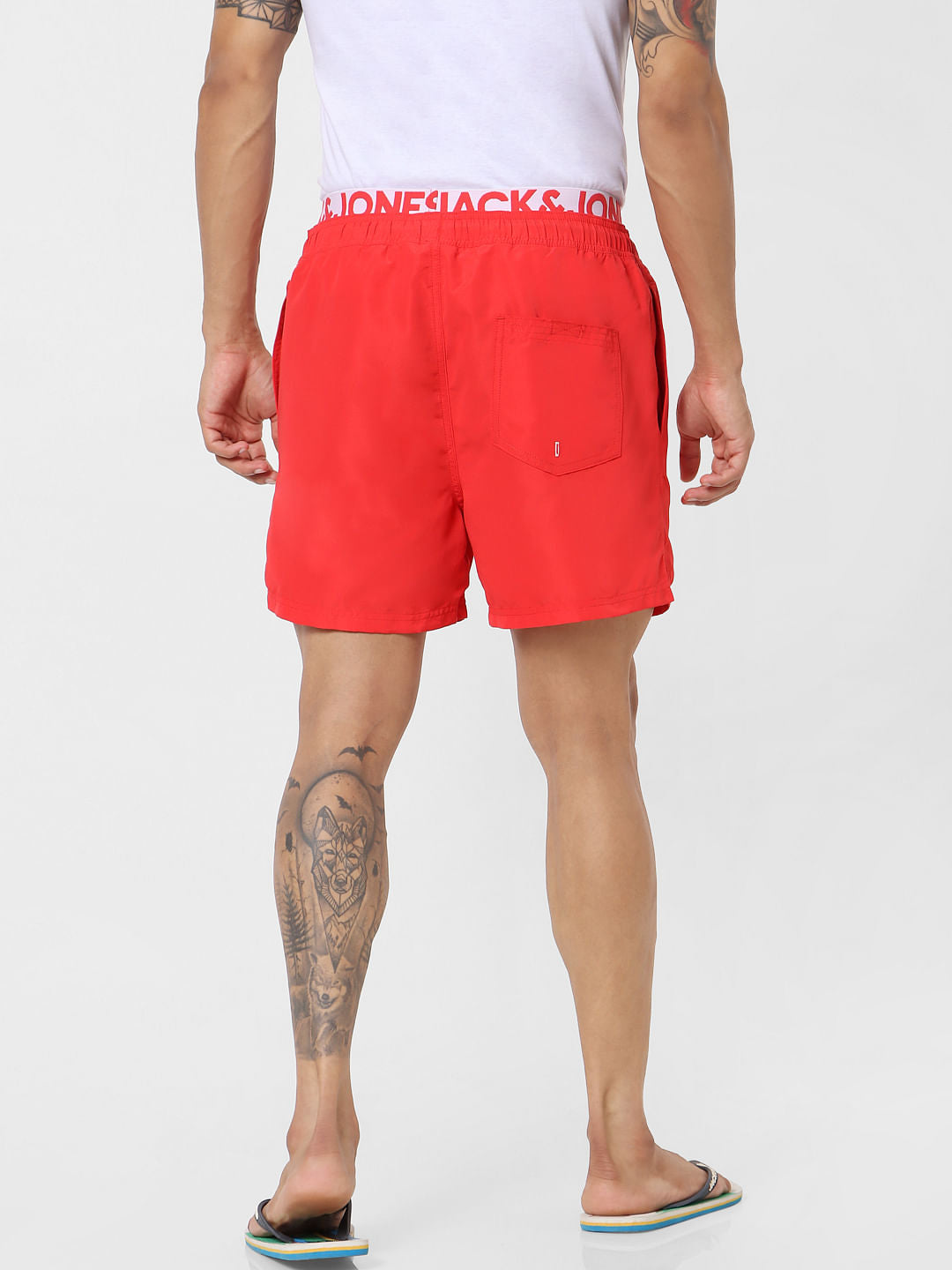 Red Mid Rise Logo Print Drawstring Swimshorts