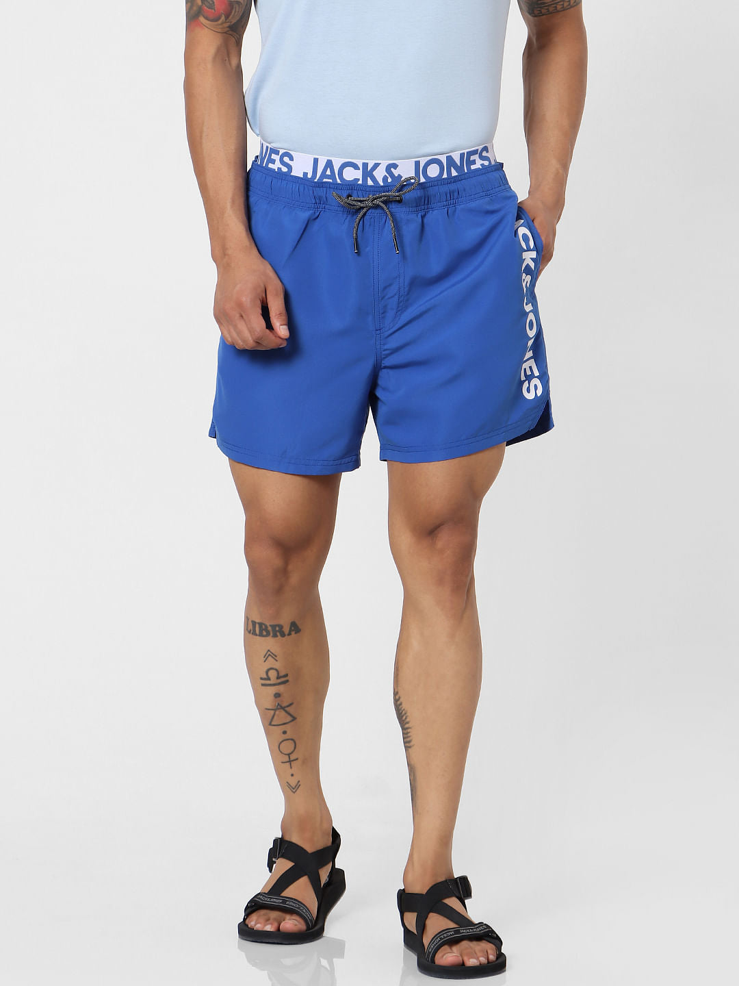 Blue Mid Rise Logo Print Drawstring Swimshorts