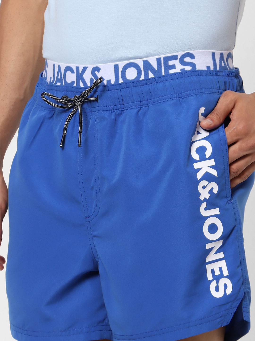Blue Mid Rise Logo Print Drawstring Swimshorts