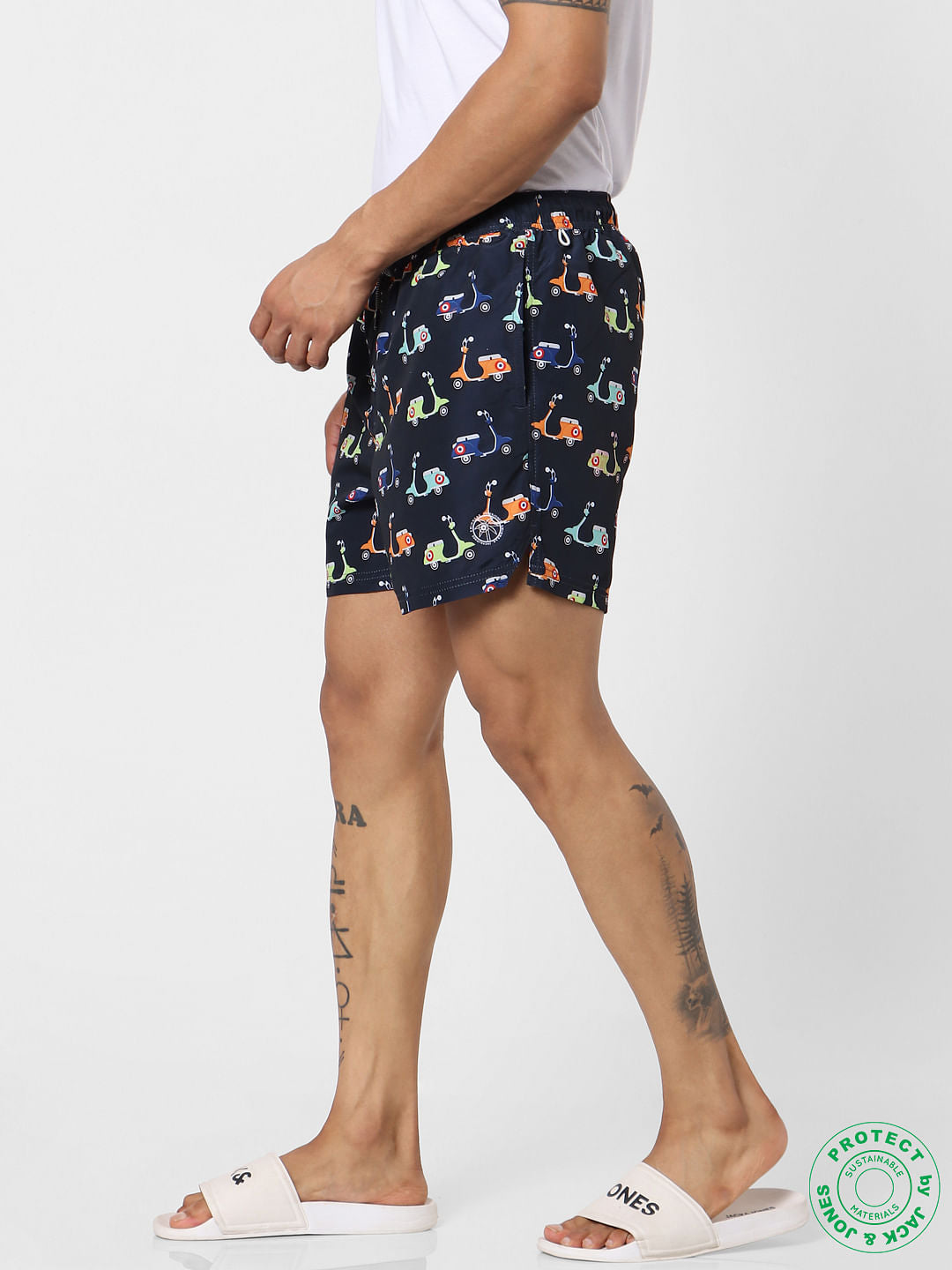 Navy Blue Mid Rise All Over Print Swimshorts