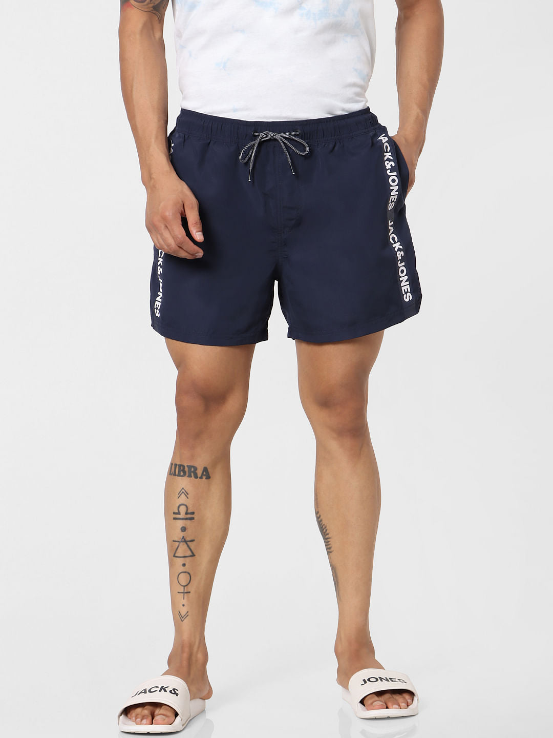 Navy Blue Mid Rise Logo Print Tape Detail Drawstring Swimshorts