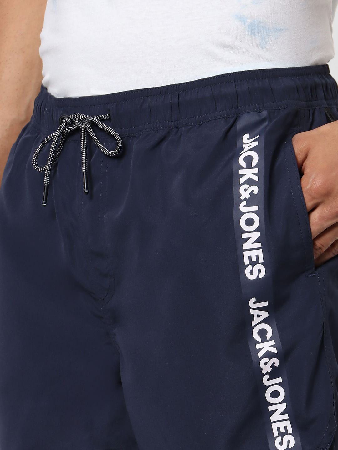 Navy Blue Mid Rise Logo Print Tape Detail Drawstring Swimshorts
