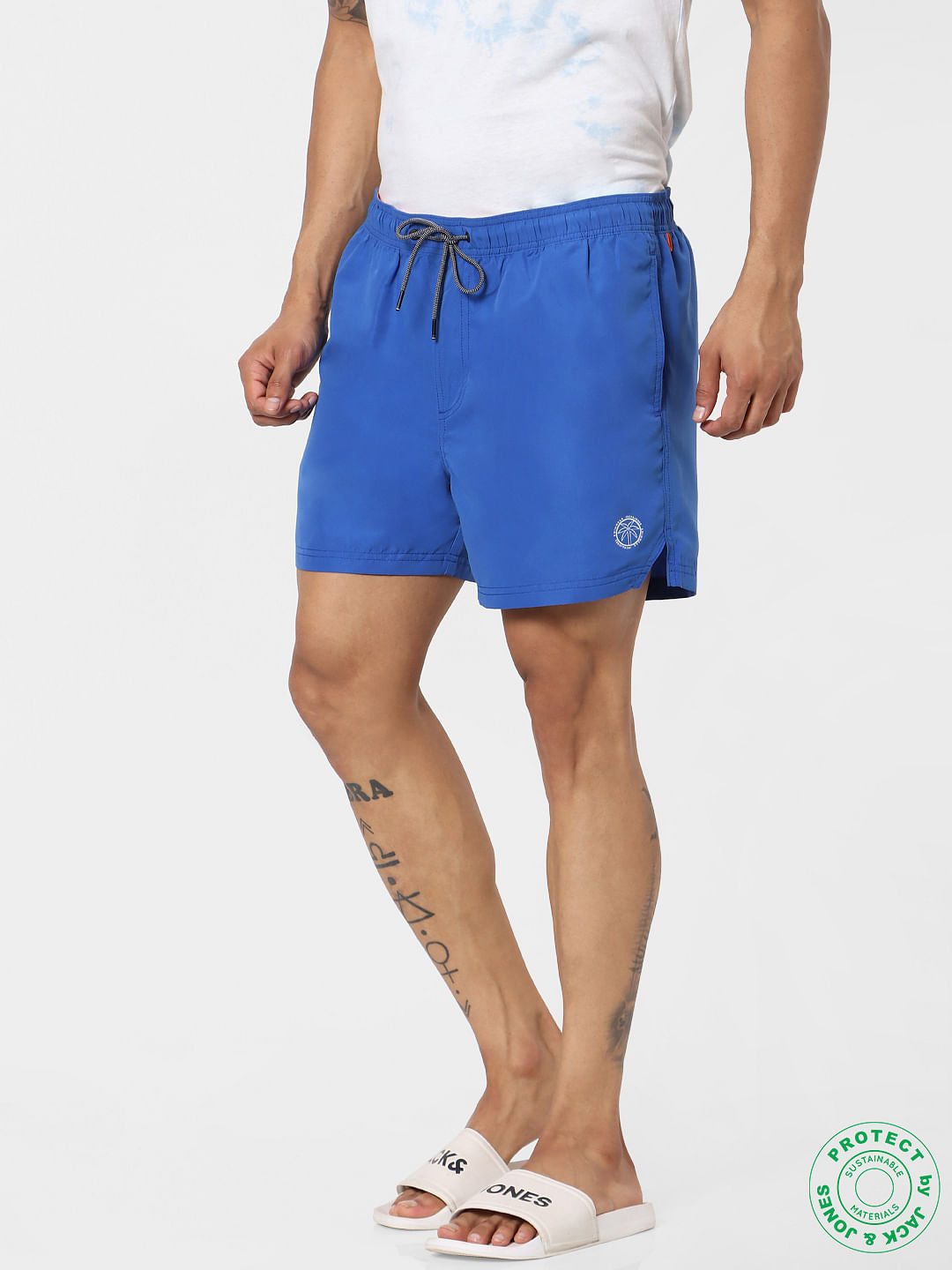 Blue Mid Rise Drawstring Swimshorts