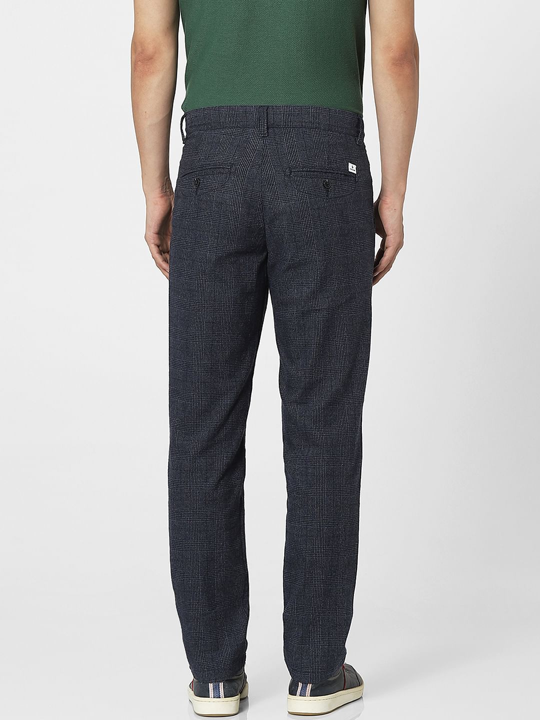 Dark Navy Blue Mid Rise Check Pants