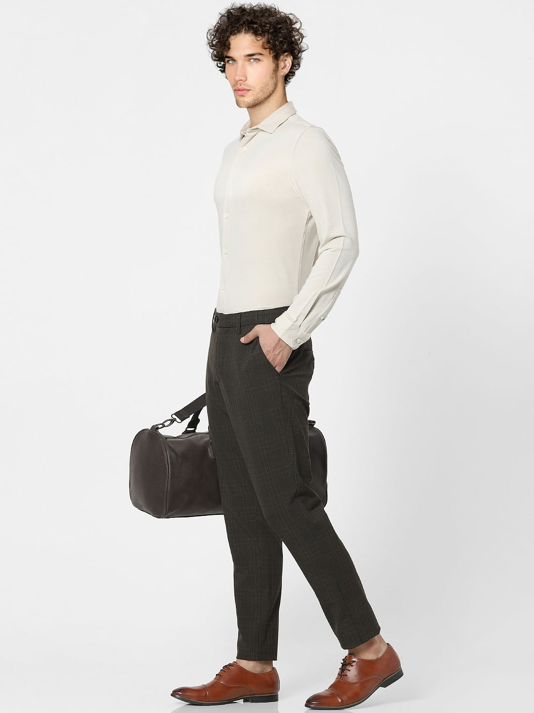 Grey Mid Rise Check Pants