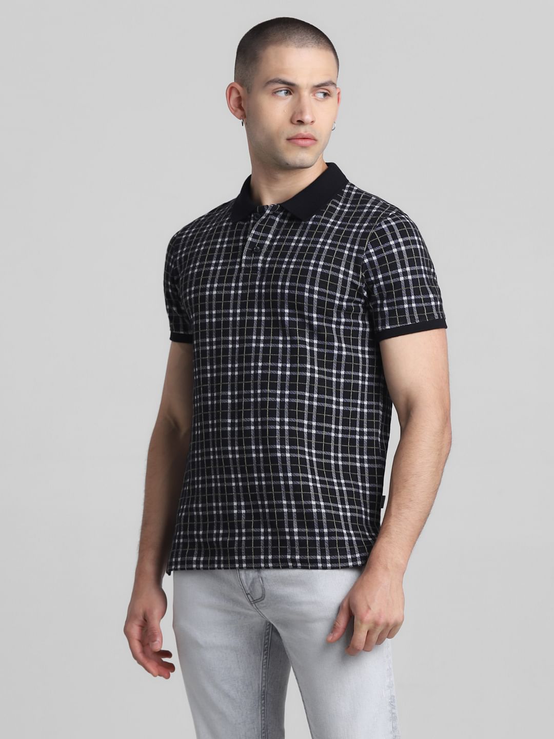 Black Check Print Polo T-shirt