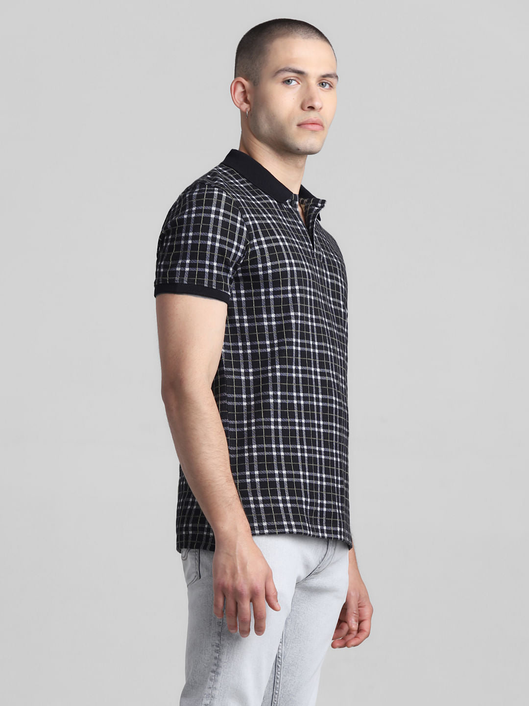 Black Check Print Polo T-shirt