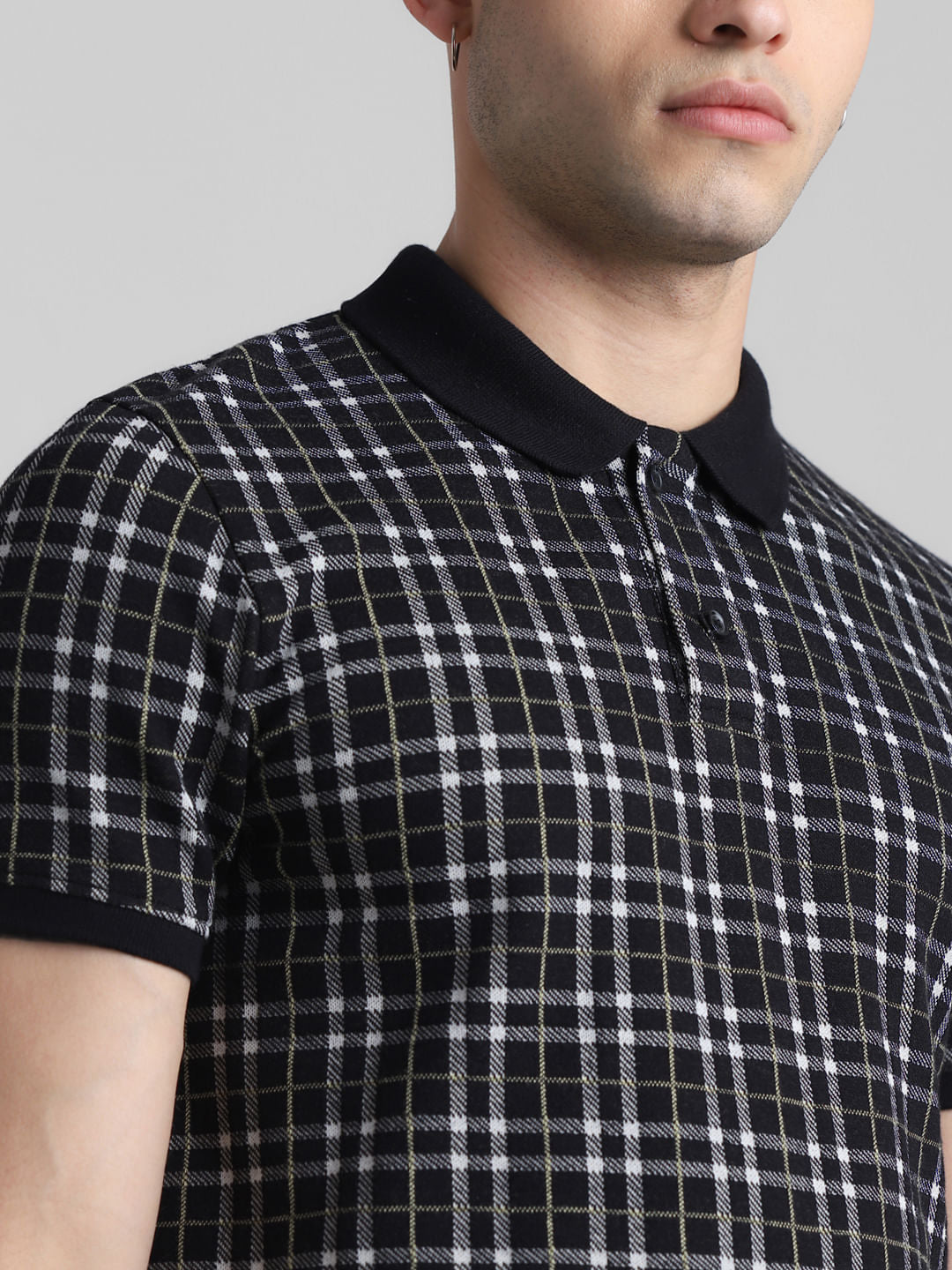 Black Check Print Polo T-shirt