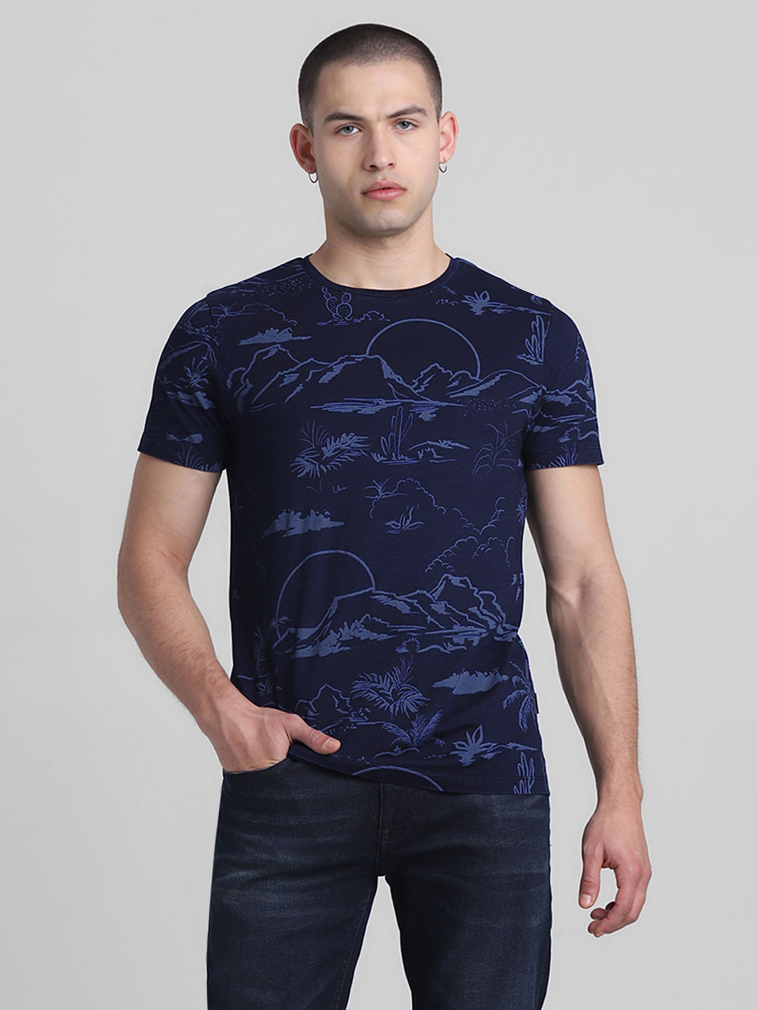 Dark Blue Printed Crew Neck T-shirt