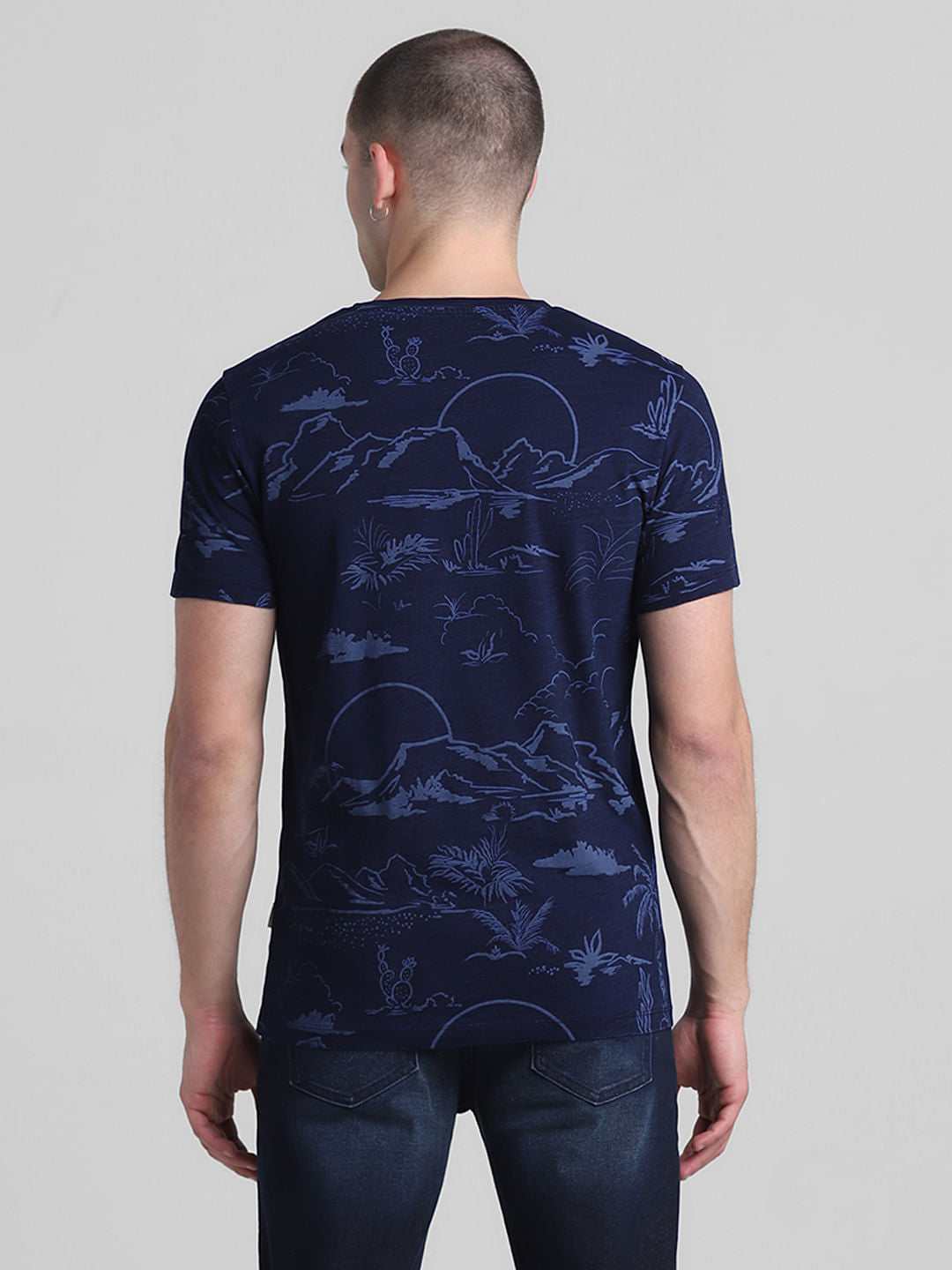 Dark Blue Printed Crew Neck T-shirt