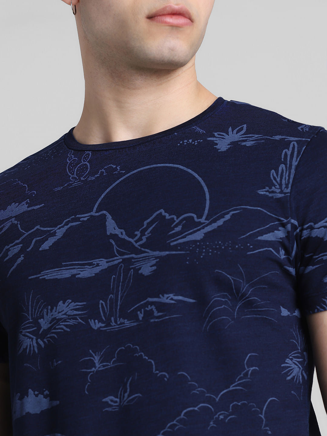 Dark Blue Printed Crew Neck T-shirt