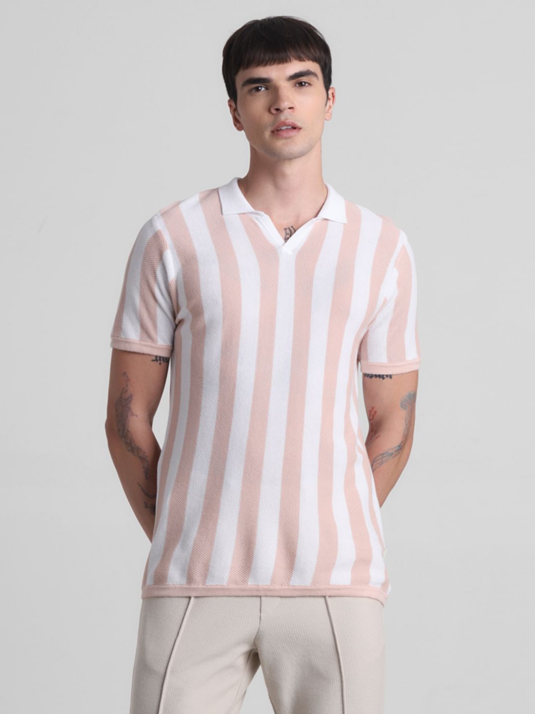 Peach Striped Knitted Polo
