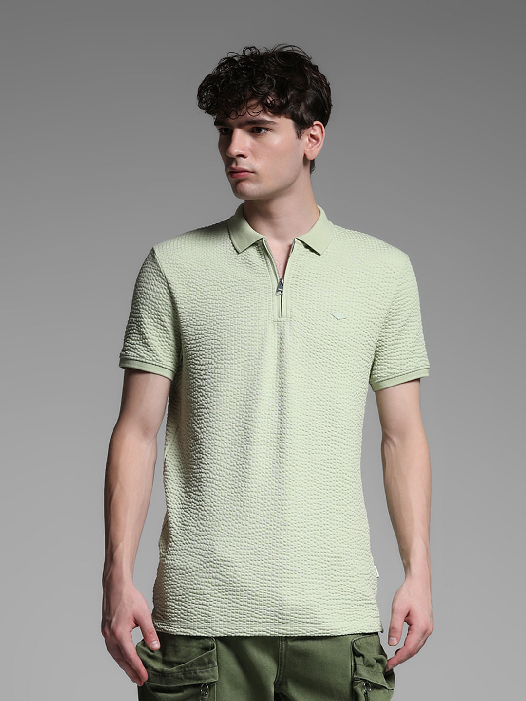 Green Zip Collar Cotton Polo