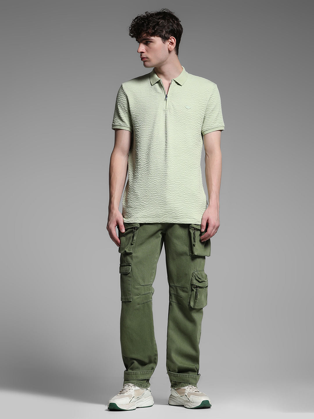 Green Zip Collar Cotton Polo
