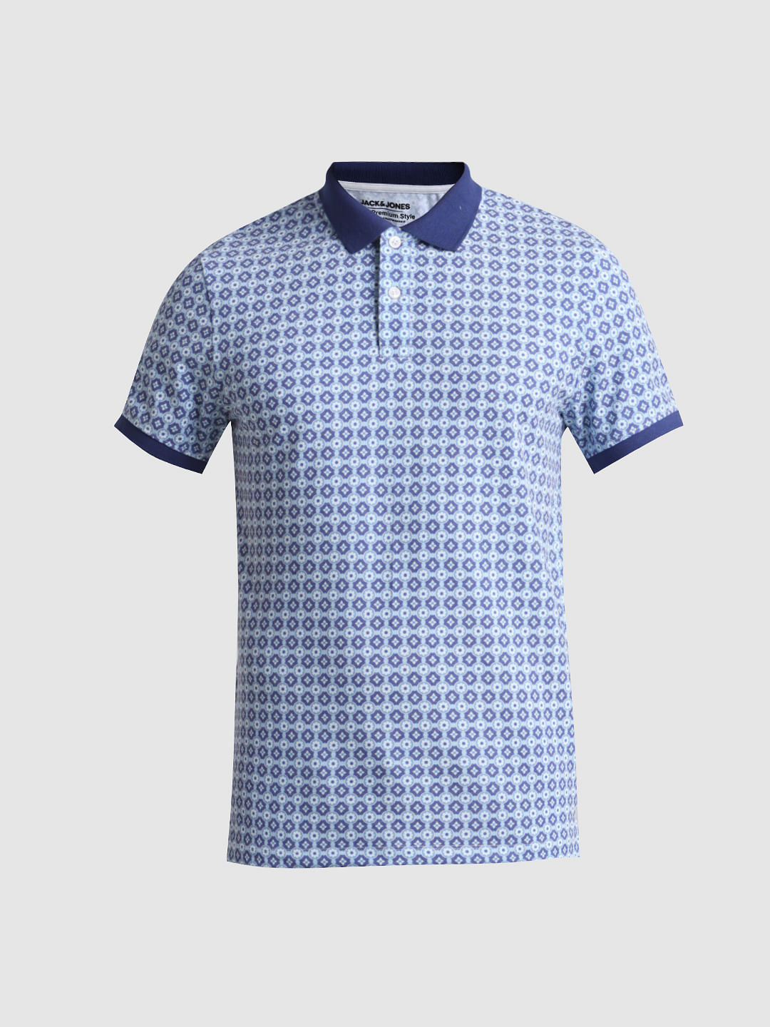 Blue Printed Slim Fit Polo T-shirt