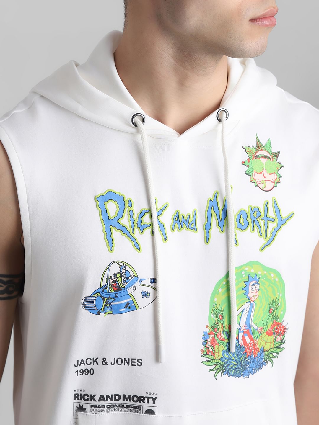 RICK & MORTY White Printed Hooded Vest