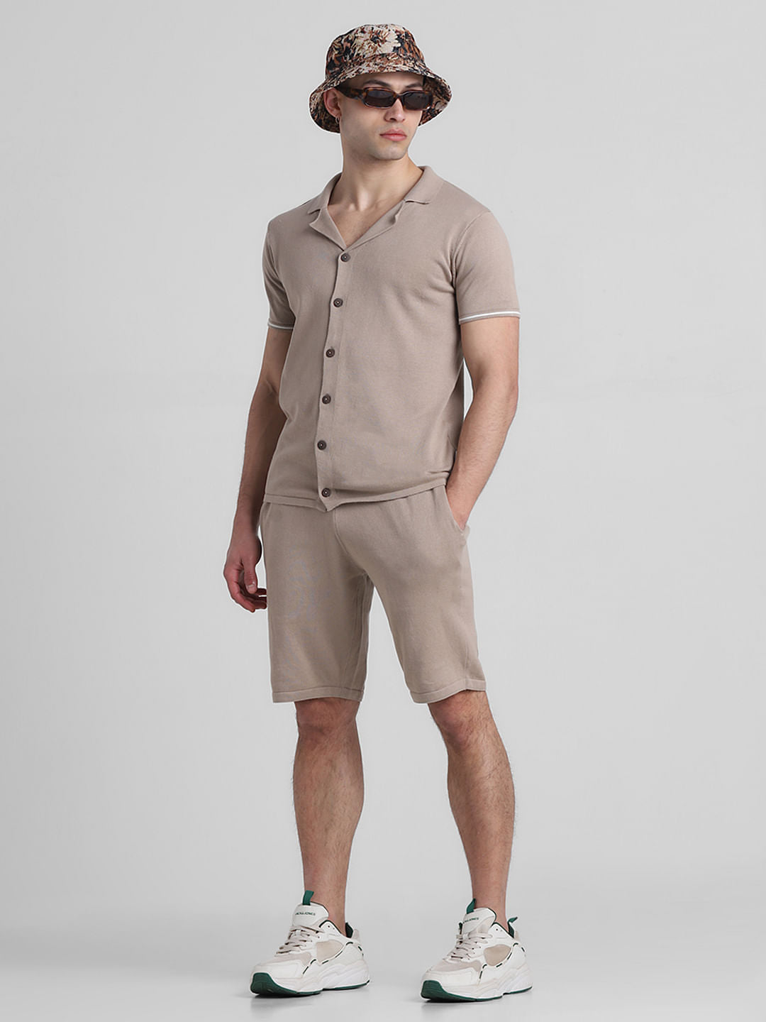 Brown Mid Rise Knitted Co-ord Set Shorts