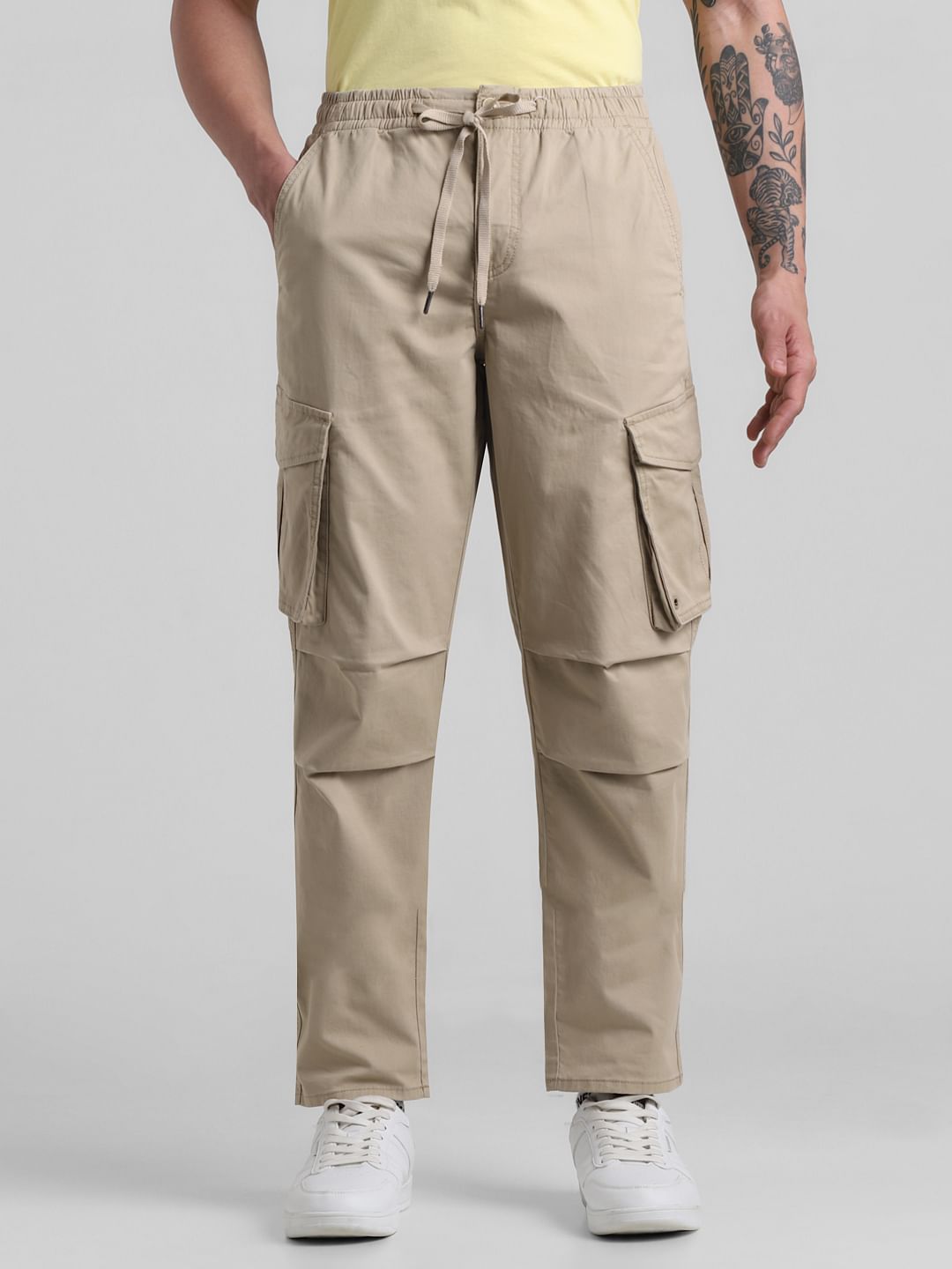 Beige 6 Pocket Regular Fit Cargos