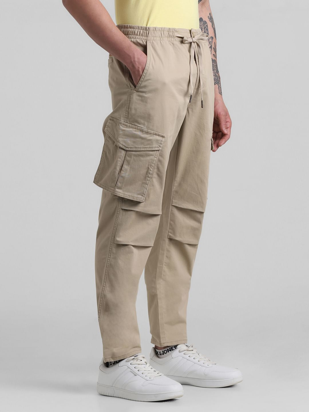 Beige 6 Pocket Regular Fit Cargos