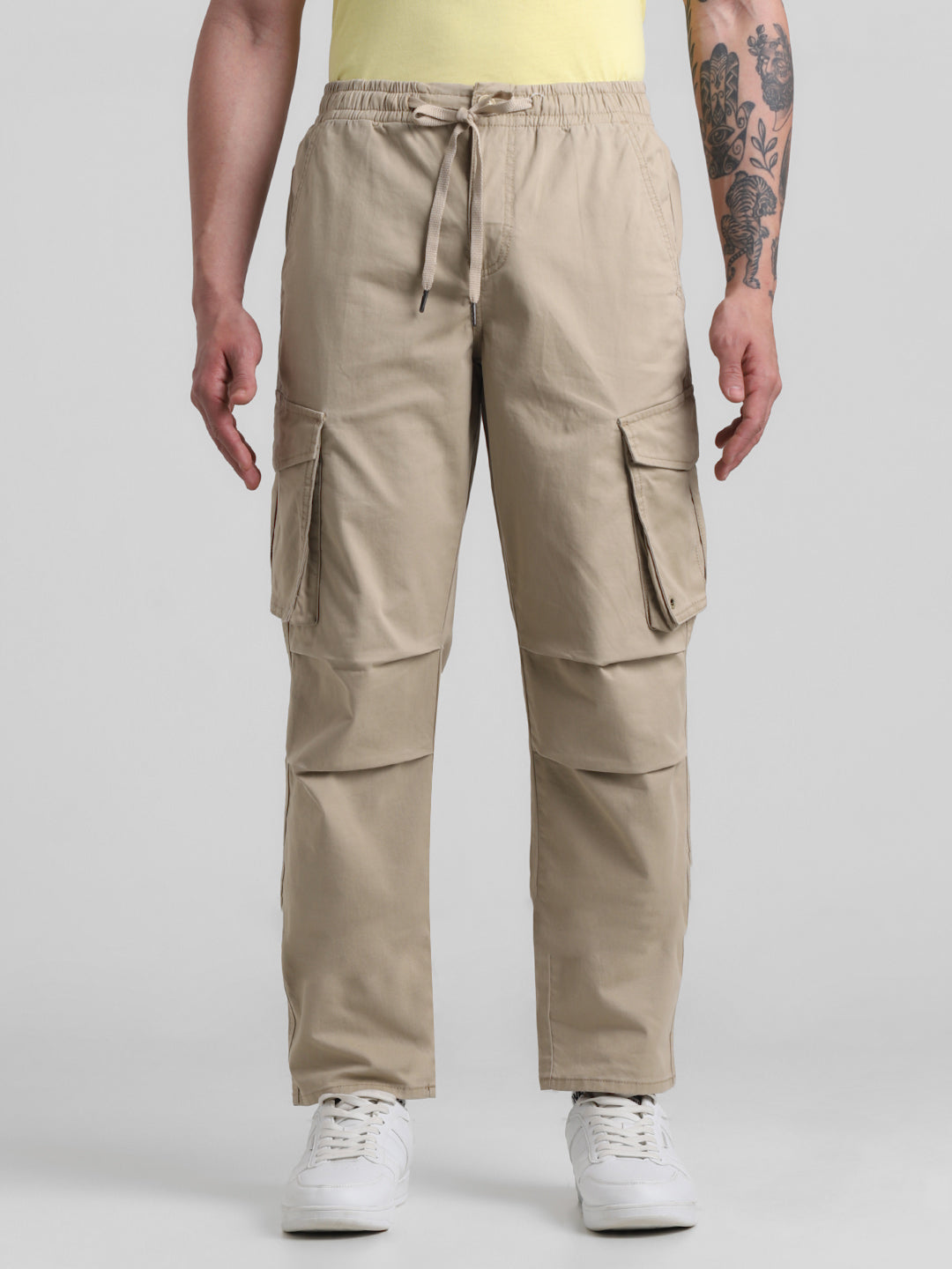 Beige 6 Pocket Regular Fit Cargos