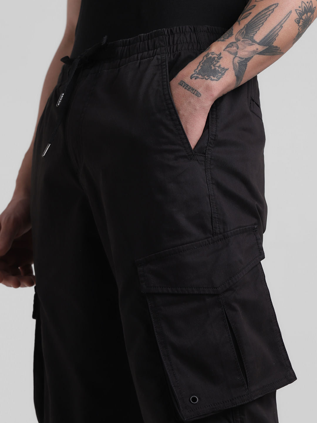 Black 6 Pocket Regular Fit Cargos