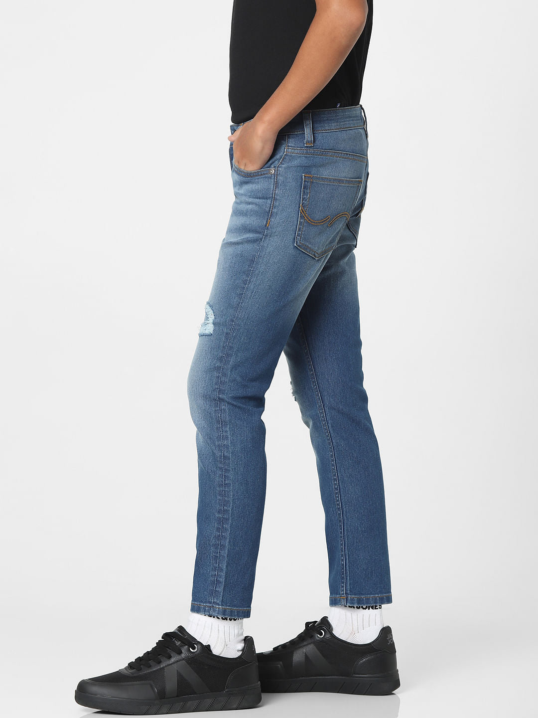 Blue Mid Rise Distressed Regular Jeans