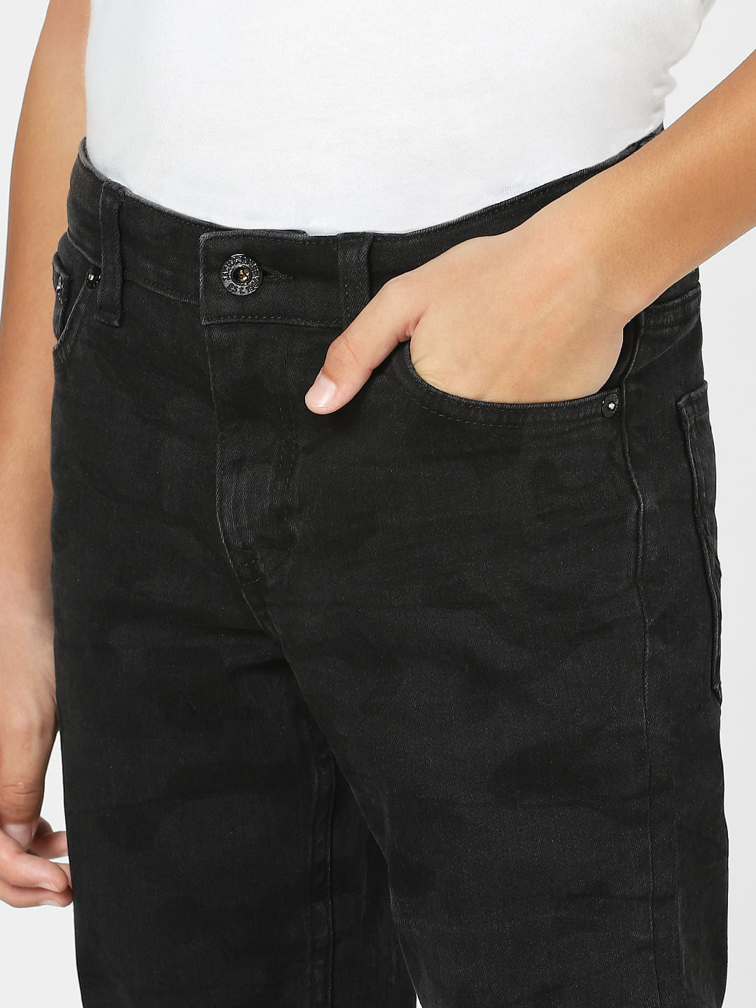 Boys Black Mid Rise Camo Print Regular Fit Jeans