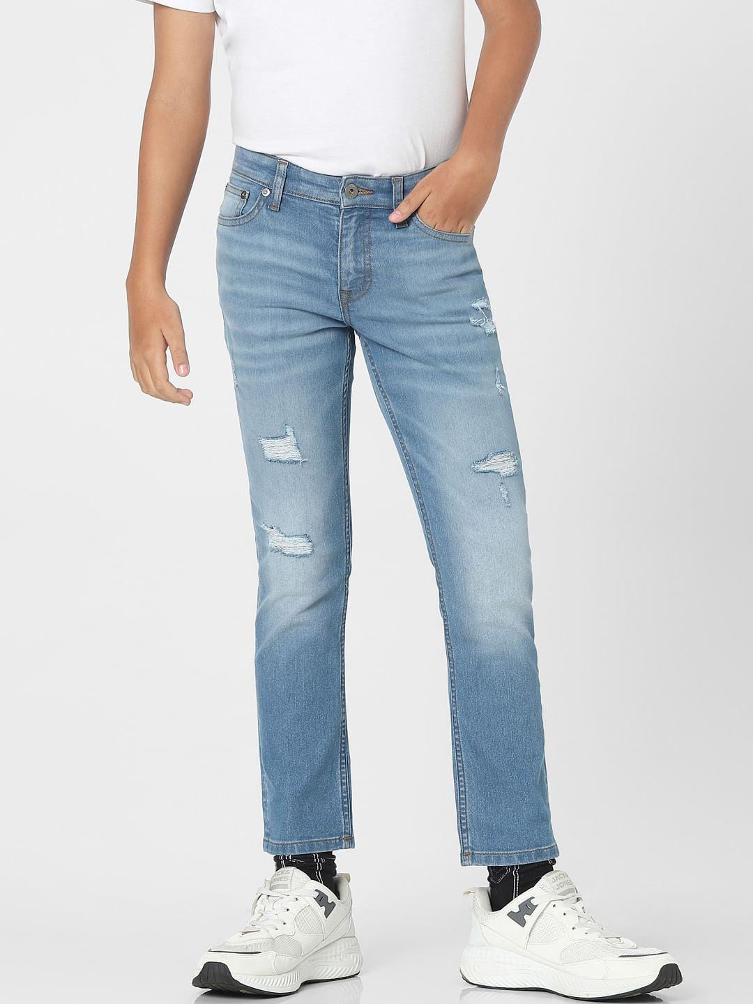 Light Blue Mid Rise Distressed Regular Jeans