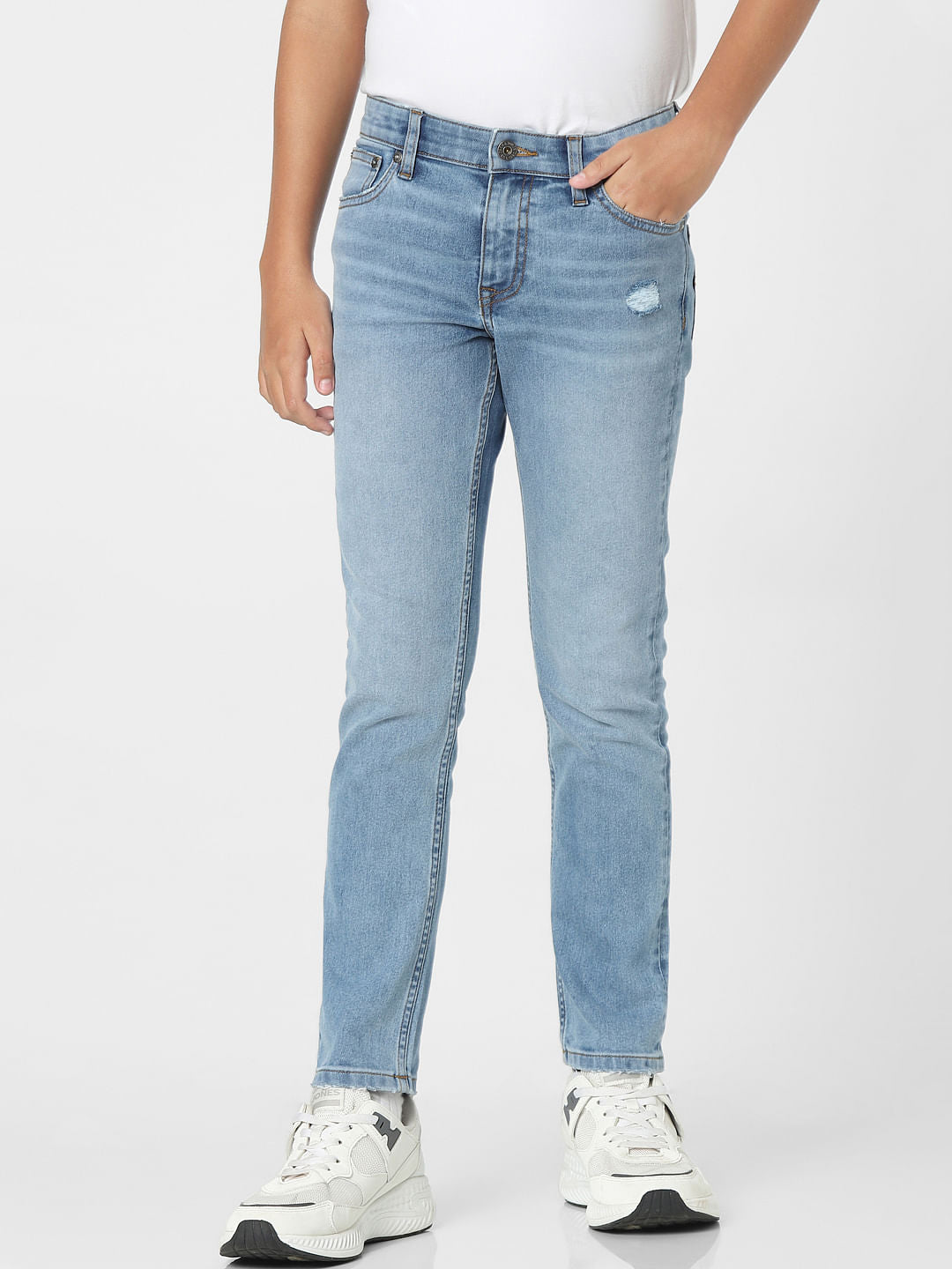 Light Blue Mid Rise Distressed Regular Jeans