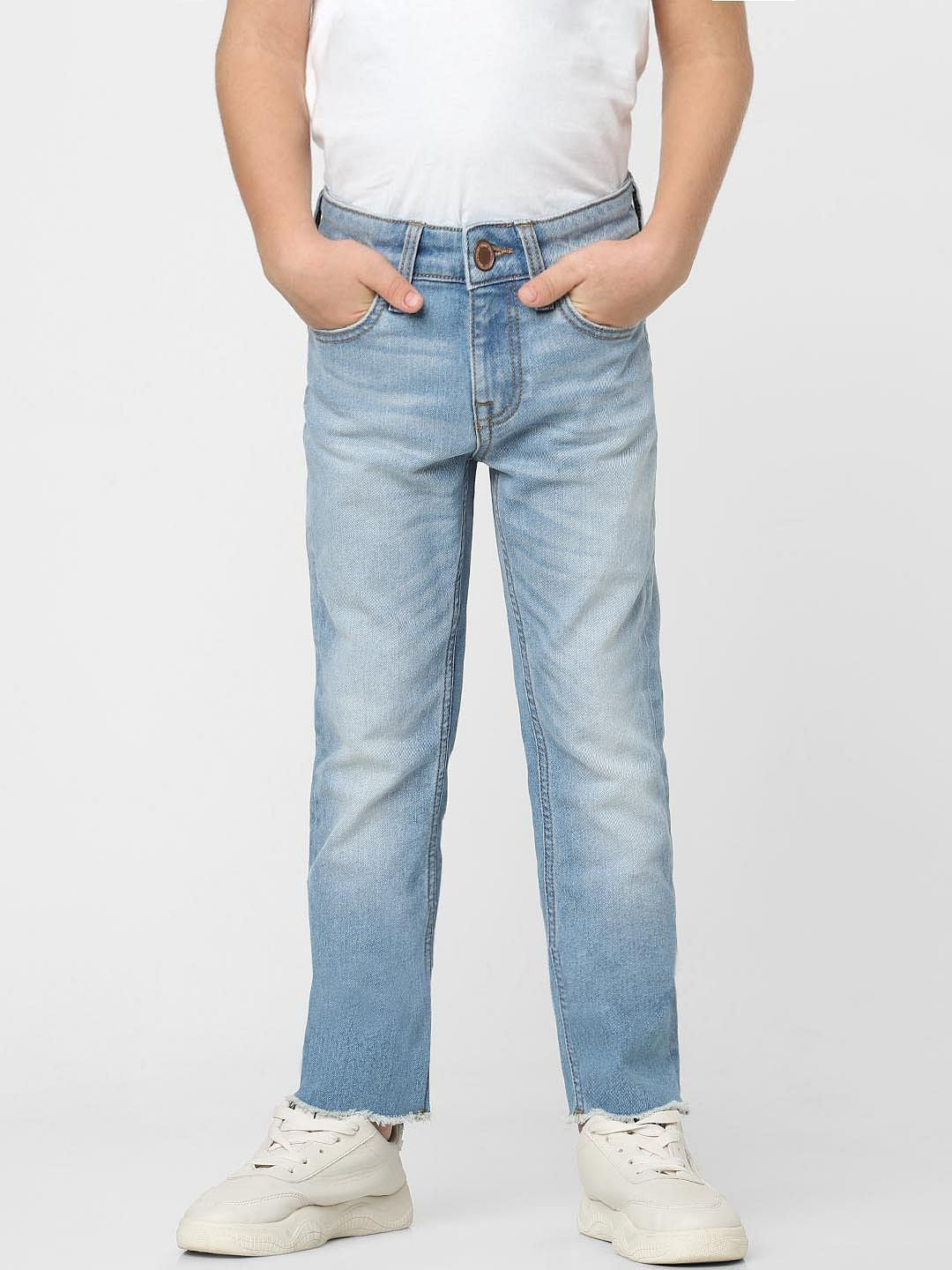 Boys Light Blue Mid Rise Frayed Hem Straight Jeans