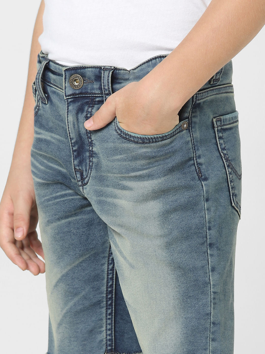 Boys Dark Blue Mid Rise Frayed Hem Denim Shorts