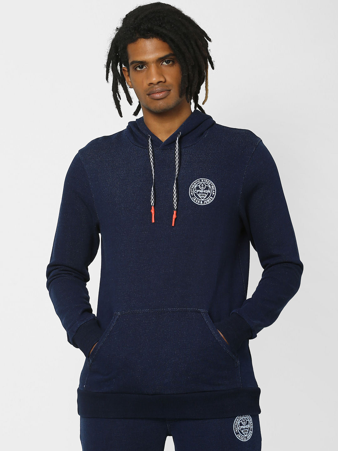 Navy Logo Print Hooded Sweatshirt