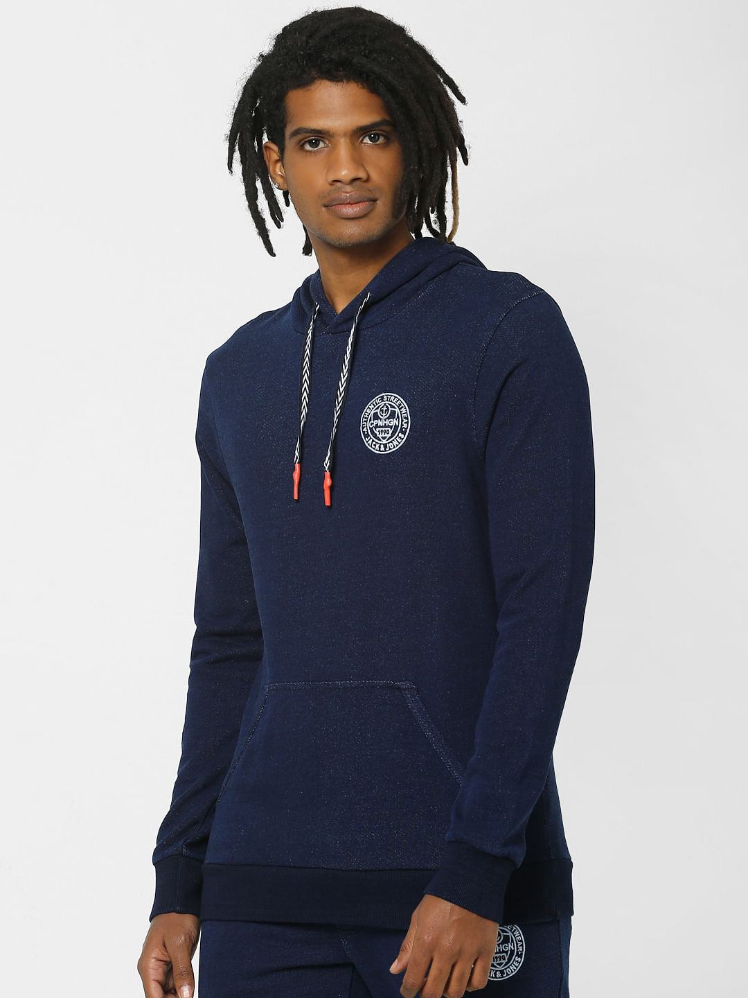 Navy Logo Print Hooded Sweatshirt