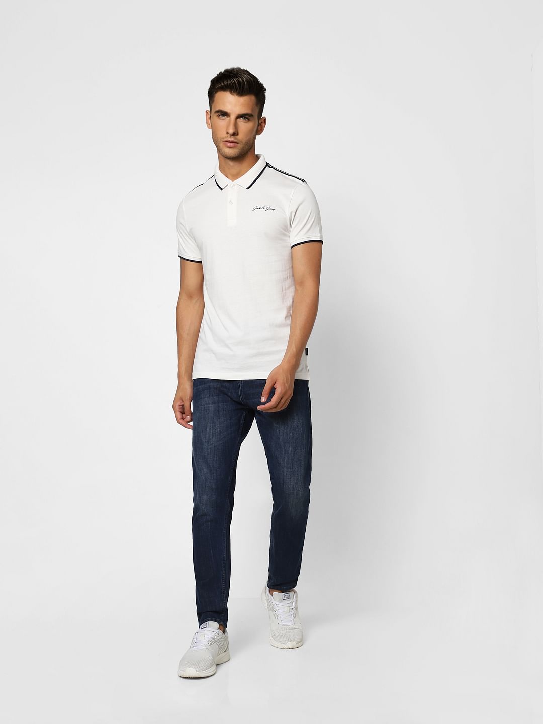 White Logo Print Polo Neck T-shirt