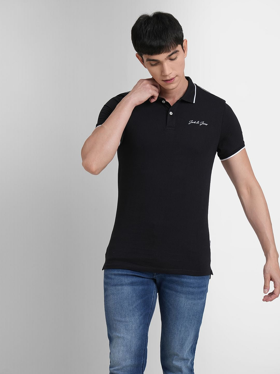 Black Logo Print Polo Neck T-shirt
