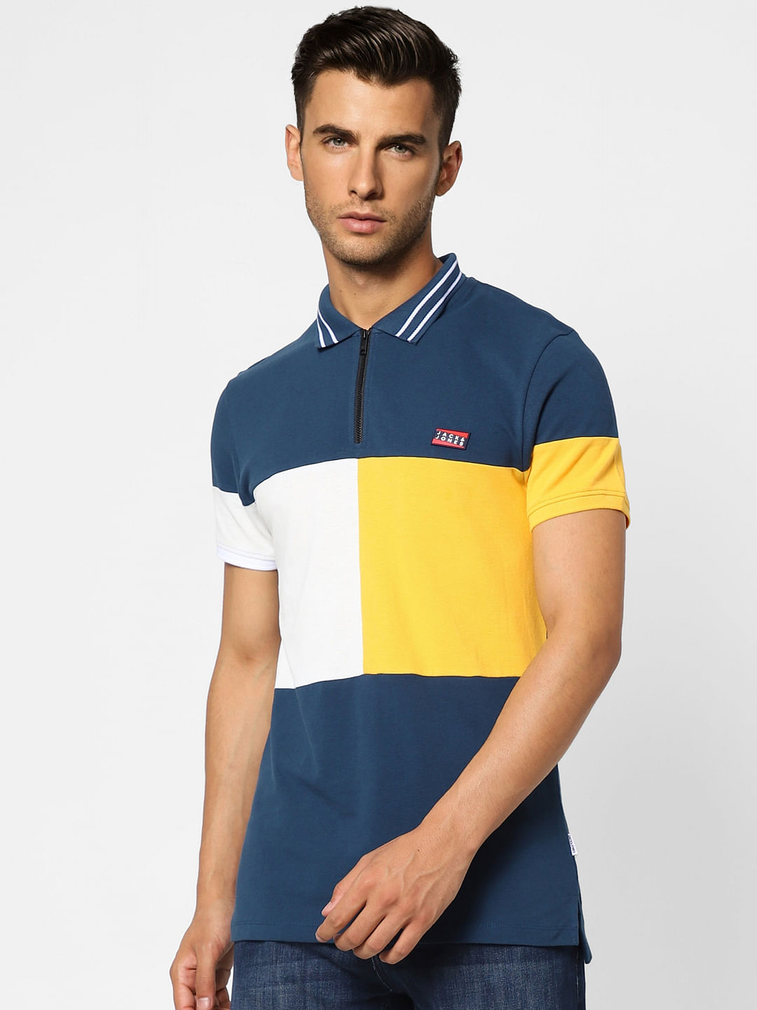 Blue Colourblocked Polo Neck T-shirt