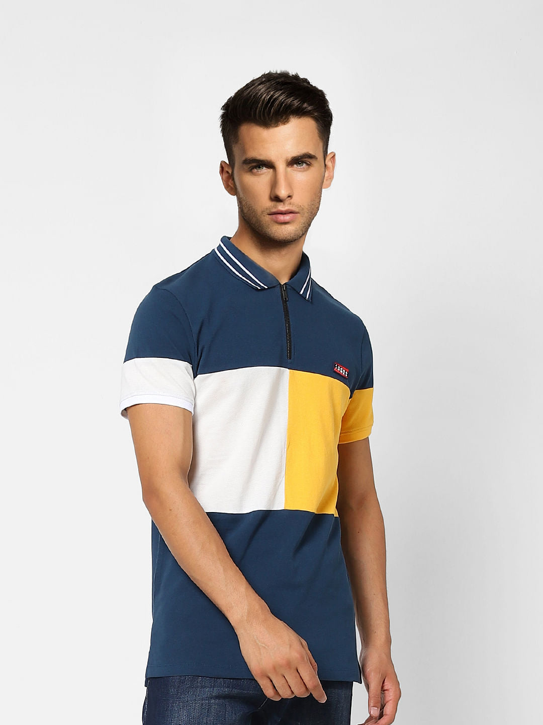 Blue Colourblocked Polo Neck T-shirt