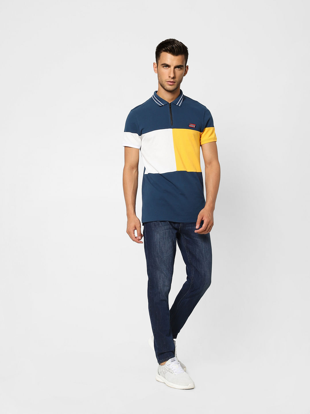 Blue Colourblocked Polo Neck T-shirt